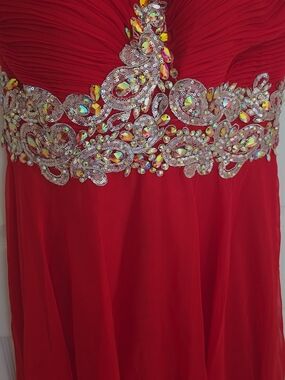 Red Evening Gown with Beaded Embellished Waist